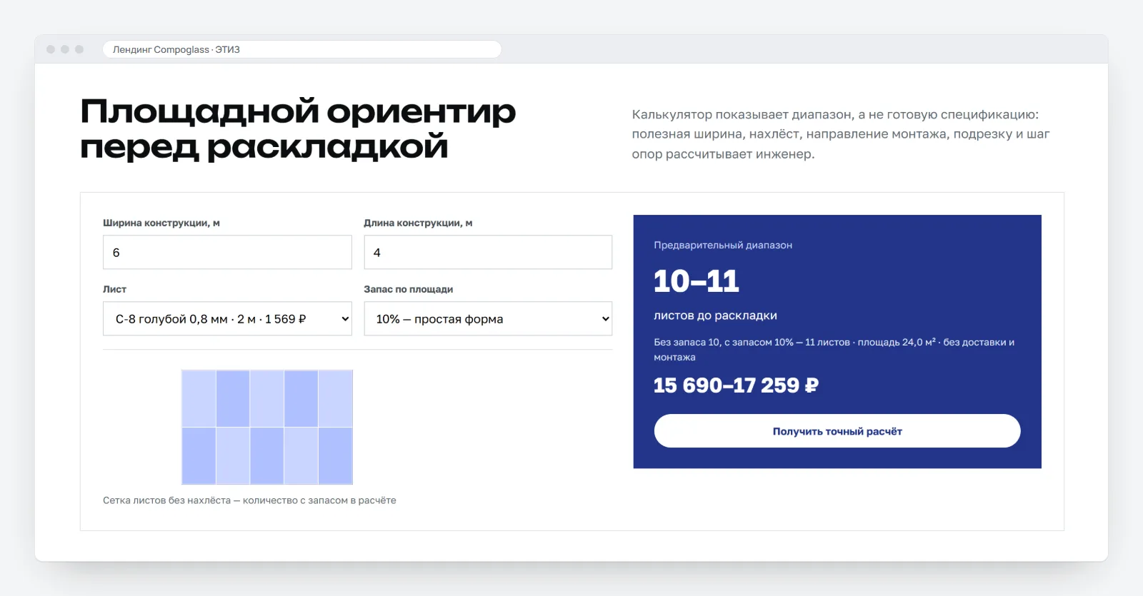 Калькулятор «Площадной ориентир перед раскладкой»: ширина 6 м, длина 4 м, лист С‑8 0,8 мм, запас 10%; справа результат 10–11 листов, площадь 24,0 м², 15 690–17 259 ₽ и кнопка «Получить точный расчёт»; слева схема сетки листов