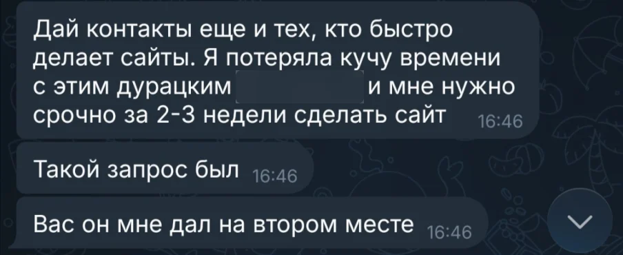 Скриншот переписки в мессенджере: клиент пересылает свой запрос к ChatGPT «Дай контакты еще и тех, кто быстро делает сайты. Я потеряла кучу времени с этим дурацким [название размыто] и мне нужно срочно за 2-3 недели сделать сайт», ниже подписи клиента «Такой запрос был» и «Вас он мне дал на втором месте», время 16:46