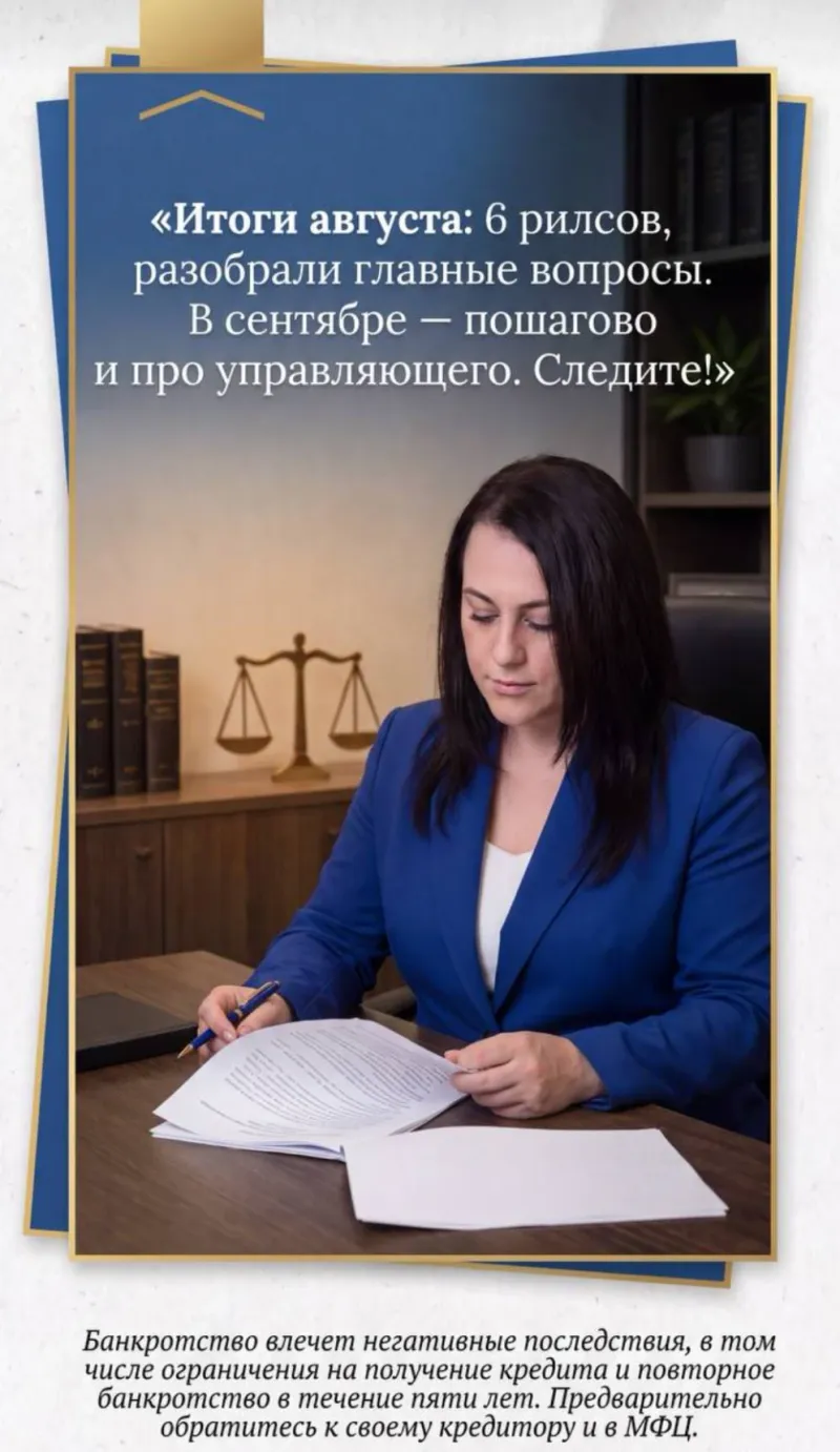 Обложка рилса юрпрактики «Кристина Мошкова и партнёры»: эксперт за столом с документами, сверху итоги августа — шесть рилсов с разбором главных вопросов и темы сентября, внизу оговорка о последствиях банкротства